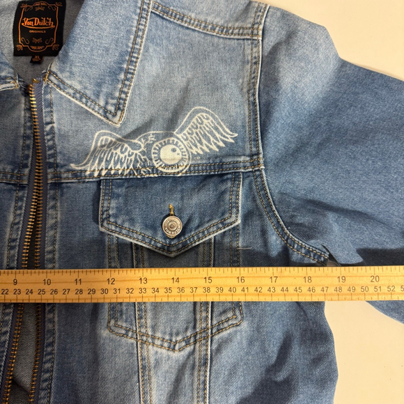 Size XL Von Dutch Blue Denim Jean Jacket with Red Logo XL Red Logo Patch Y2K - Picture 4 of 10